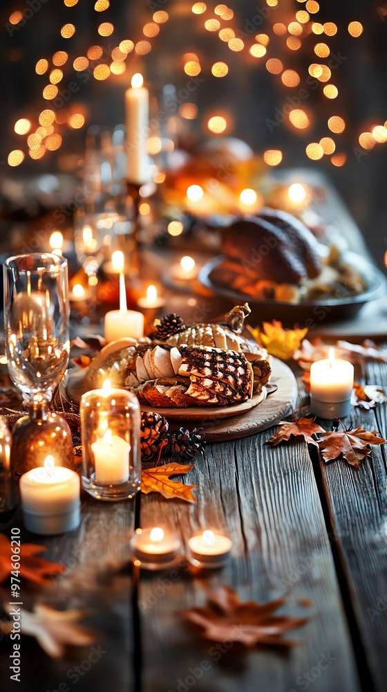 A beautifully arranged table for a festive celebration, adorned with candles, autumn leaves, and delicious seasonal dishes. A beautifully arranged table for a festive celebration, adorned with candles, autumn leaves, and delicious seasonal dishes.