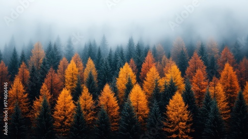 A dense forest is captured showcasing bright fall colors with a misty sky above, highlighting the contrast between the vibrant autumn climes and the foggy, old-world atmosphere.