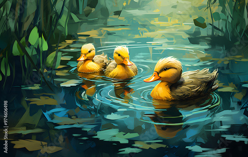 Ducks swimming in a pond with blue water and feathers photo