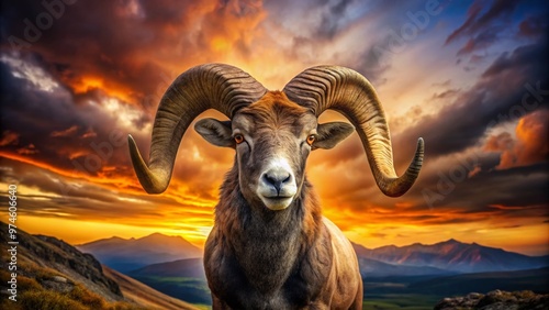 Majestic ram with curved horns and a strong, muscular build, symbolizing courage and determination, set against a serene natural landscape at sunset.