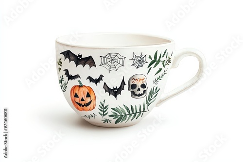 Decorative Halloween cup featuring bats, pumpkins, and skull designs, perfect for festive beverages and seasonal decor.