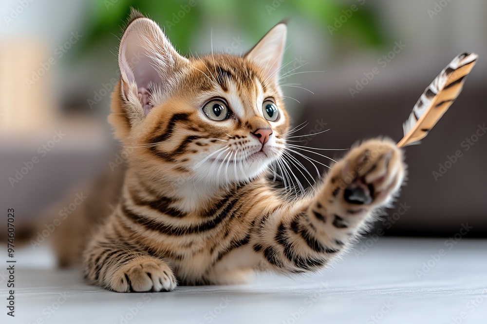 Fototapeta premium A Savannah kitten chasing after a feather, its lively energy and striking features hinting at its wild ancestry