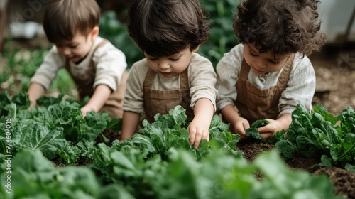 A joyful scene of young children actively gardening and connecting with nature. Their hands-on approach to nurturing plants fosters learning and growth. photo