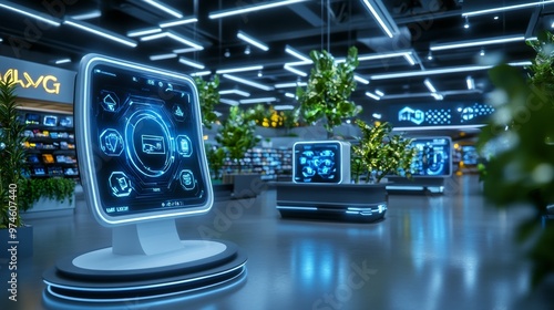 Futuristic Retail Store with Digital Interface and Green Plants