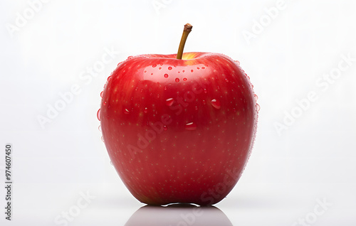 A fresh red apple with water droplets, isolated on a white background, showcasing its juicy and healthy qualities photo