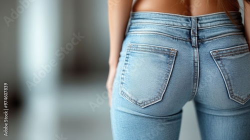 A rear view of a woman in denim jeans featuring faded details, showcasing the fit and texture of the jeans, as well as the casual and trendy style in a neutral setting.