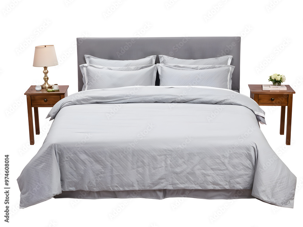 Obraz premium Comfortable gray bed with linens on white background 