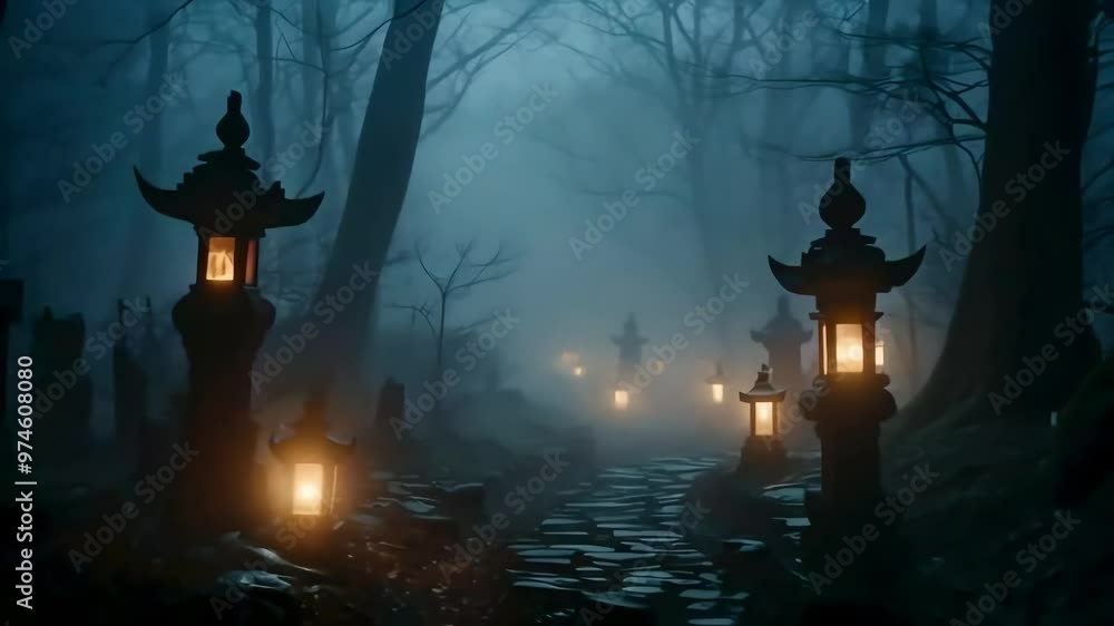 A pathway through a foggy forest lit by lanterns. A pathway through a foggy forest lit by lanterns.