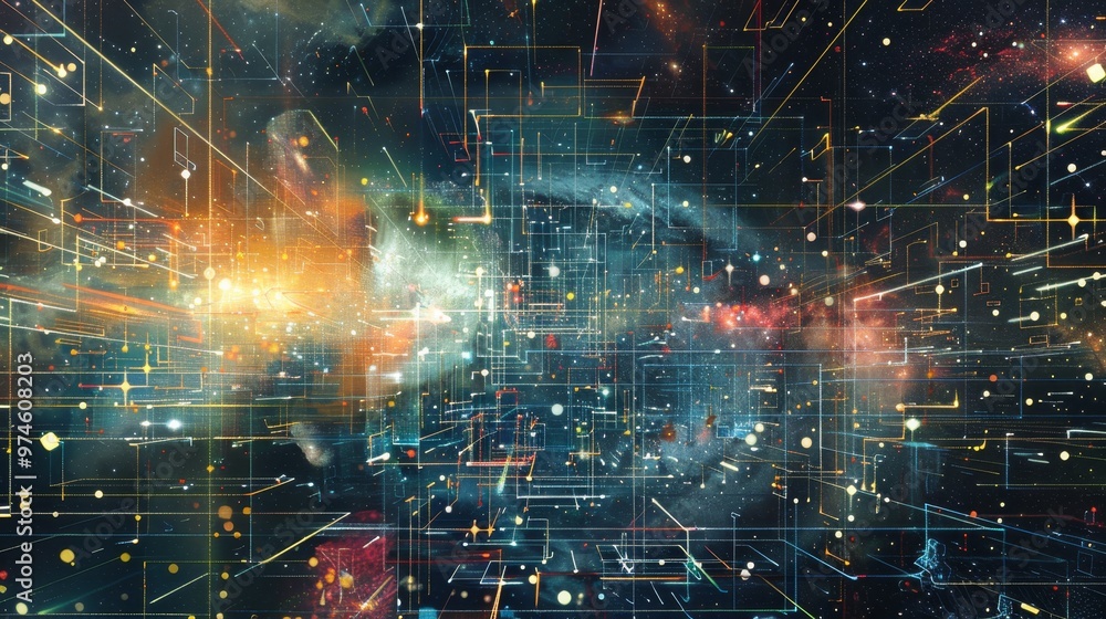 Fototapeta premium Cosmic convergence an abstract artwork blending celestial wonders with digital patterns