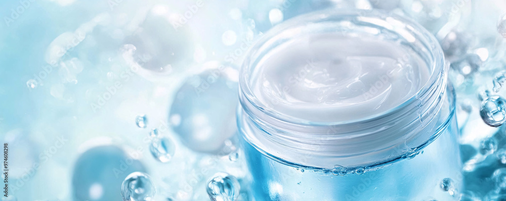 A refreshing moisturizer in a sleek jar, surrounded by water droplets, representing hydration A refreshing moisturizer in a sleek jar, surrounded by water droplets, representing hydration