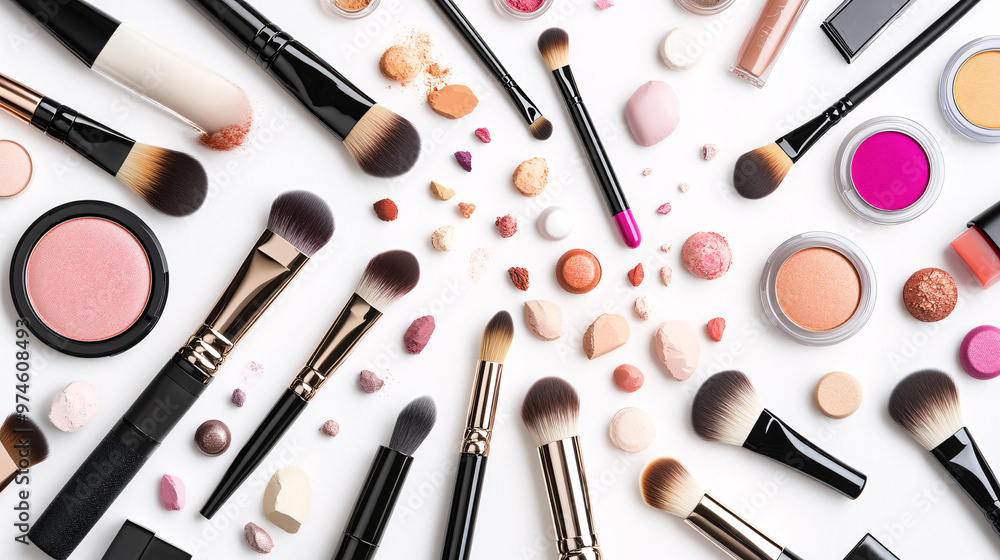 A vibrant display of makeup brushes and colorful cosmetic products arranged artistically A vibrant display of makeup brushes and colorful cosmetic products arranged artistically