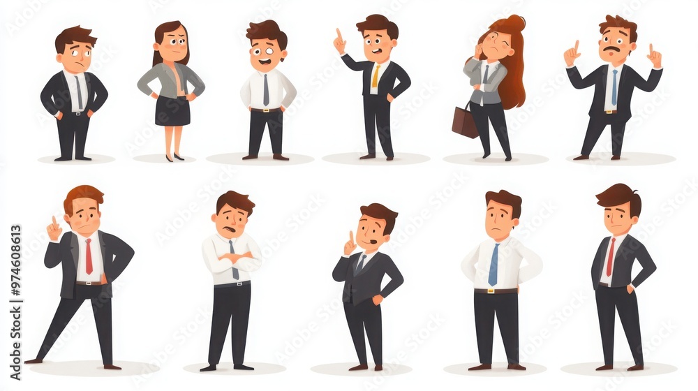 Characters of young businesspeople in a variety of work-related emotions, such as concentration, satisfaction, and stress, white background Characters of young businesspeople in a variety of work-related emotions, such as concentration, satisfaction, and stress, white background