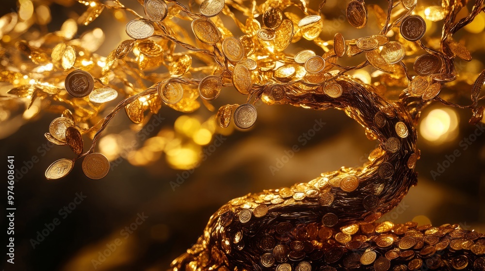Glowing Coin Tree Sculpture: A Detailed Close-Up Glowing Coin Tree Sculpture: A Detailed Close-Up