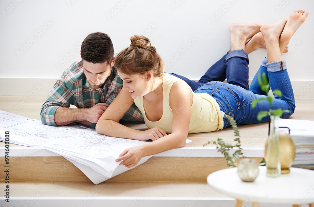New house, blueprints and couple on floor, planning and conversation for renovation. Happy people, apartment and man with woman, documents and property with cooperation, real estate and mortgage New house, blueprints and couple on floor, planning and conversation for renovation. Happy people, apartment and man with woman, documents and property with cooperation, real estate and mortgage