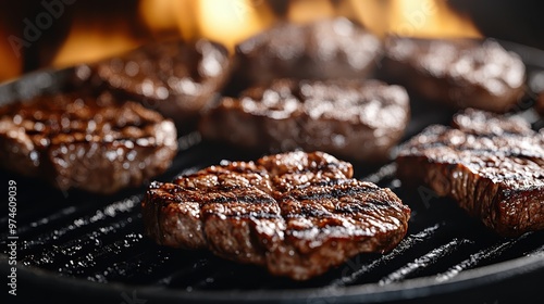 Several thick, juicy steaks are being grilled to perfection on a black grill, with flames in the background hinting at a high-temperature cooking environment.