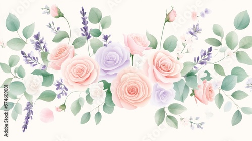 Beautiful floral arrangement featuring soft pink roses and lavender on a light background, perfect for elegant designs.