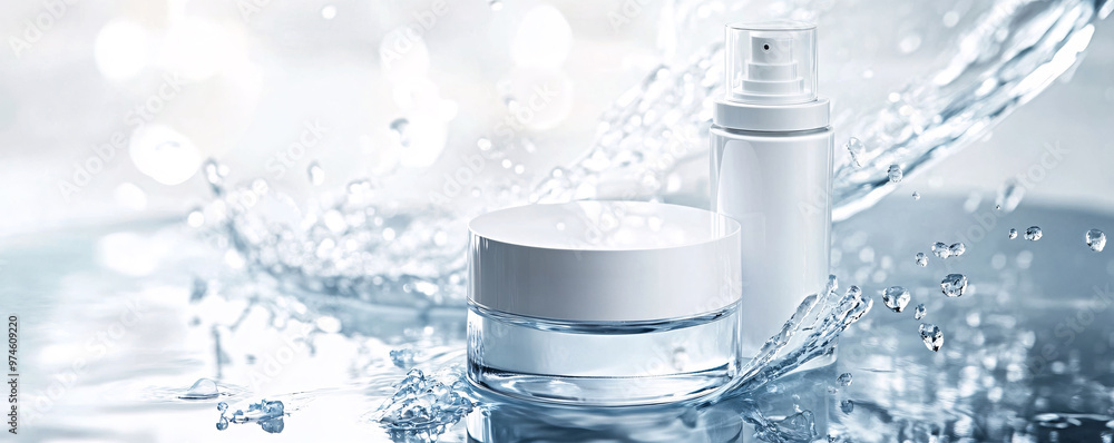 Elegant beauty products splash in water, showcasing freshness and hygienic skincare for a luxurious spa experience. Elegant beauty products splash in water, showcasing freshness and hygienic skincare for a luxurious spa experience.