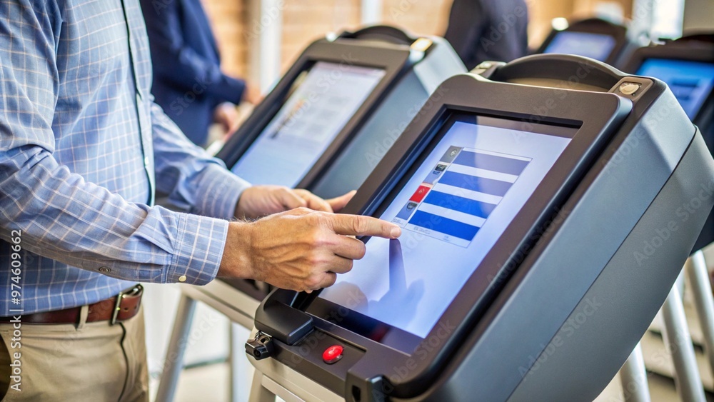 Voter Using Digital Voting Machine at Polling Station Voter Using Digital Voting Machine at Polling Station