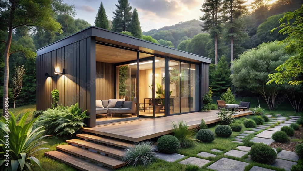 Minimalist sleek tiny home with large windows, sliding glass doors, and a rooftop deck, surrounded by lush greenery in a peaceful natural setting. Minimalist sleek tiny home with large windows, sliding glass doors, and a rooftop deck, surrounded by lush greenery in a peaceful natural setting.