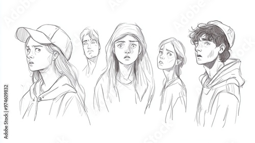 Several characters sketched in simple line art, each showing a unique expression of confusion, contemplation