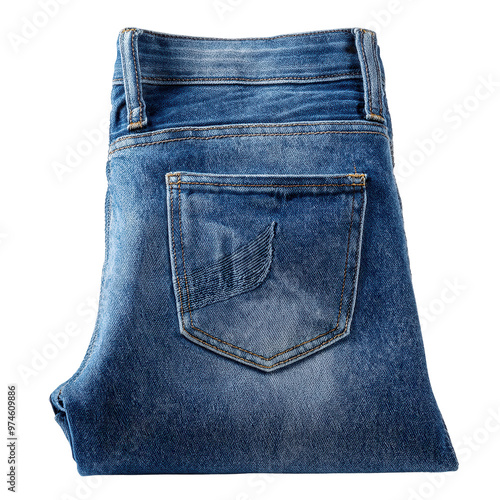 A neatly folded pair of blue denim jeans isolated on a white background, transparent background. photo