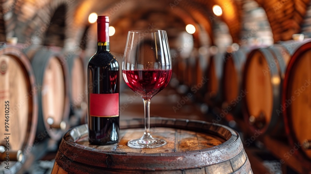 red wine in glass and bottle, vineyard cellar degustation red wine in glass and bottle, vineyard cellar degustation