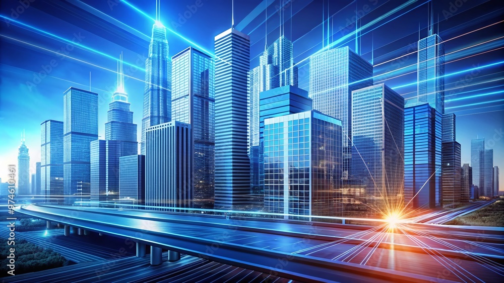 Modern cityscape design concept featuring intricate architectural blueprint layout with vibrant blue lines and shapes, showcasing futuristic urban planning and infrastructure development. Modern cityscape design concept featuring intricate architectural blueprint layout with vibrant blue lines and shapes, showcasing futuristic urban planning and infrastructure development.