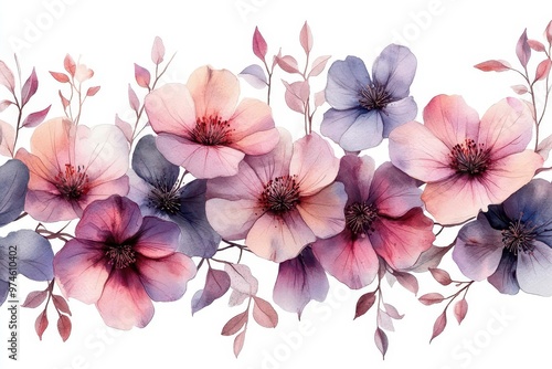 Fototapeta Naklejka Na Ścianę i Meble -  ethereal watercolor floral wreath delicate pastel blooms and foliage in soft washes translucent layers create depth romantic dreamy aesthetic perfect for wedding stationery