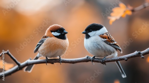 Two birds are perched on a branch amidst the backdrop of autumn colors, showcasing the harmonious connection of nature and the beauty of the season with a soft, blurred background. photo