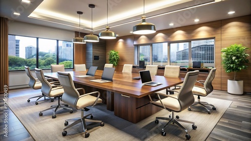 Modern conference room scene with sleek furniture, bright lighting, and sleek laptops, showcasing a productive discussion amidst a collaborative and innovative work environment atmosphere.