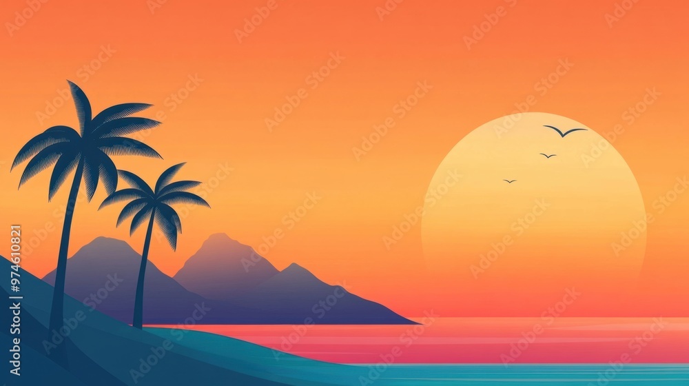 A sunset with a mountain and two palm trees in the background, AI A sunset with a mountain and two palm trees in the background, AI