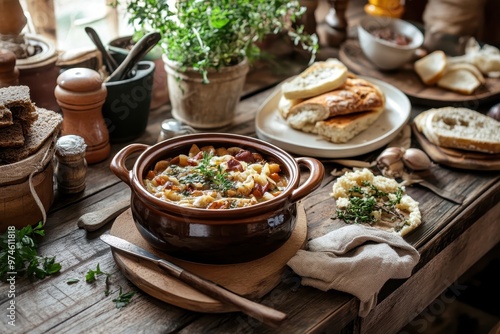 A rustic kitchen scene featuring a hearty dish, bread, and herbs on a wooden table.