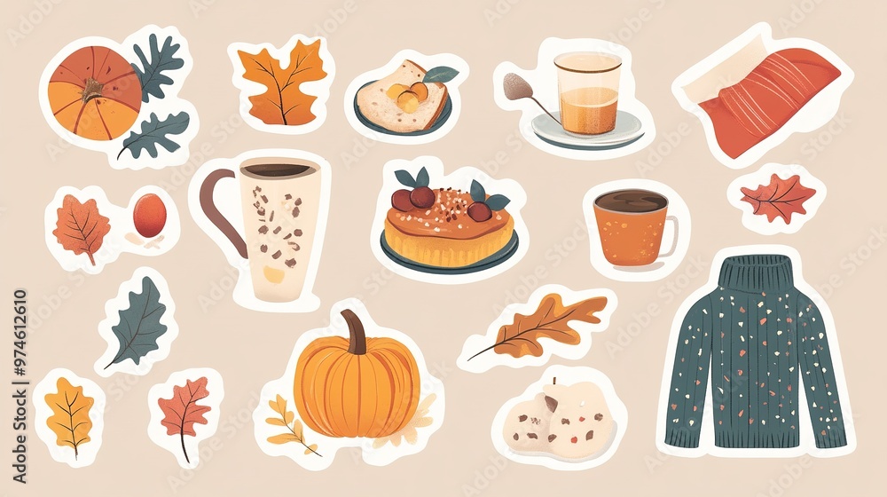 Vector set of autumn cozy stickers with food, leaves and clothes Vector set of autumn cozy stickers with food, leaves and clothes
