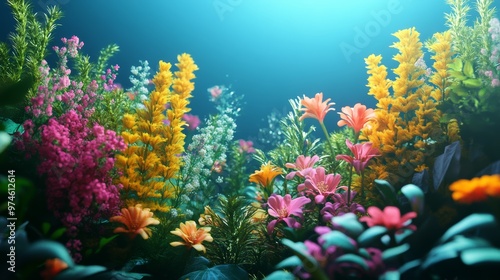 Vibrant underwater garden filled with colorful flowers, creating a serene and enchanting aquatic atmosphere. photo