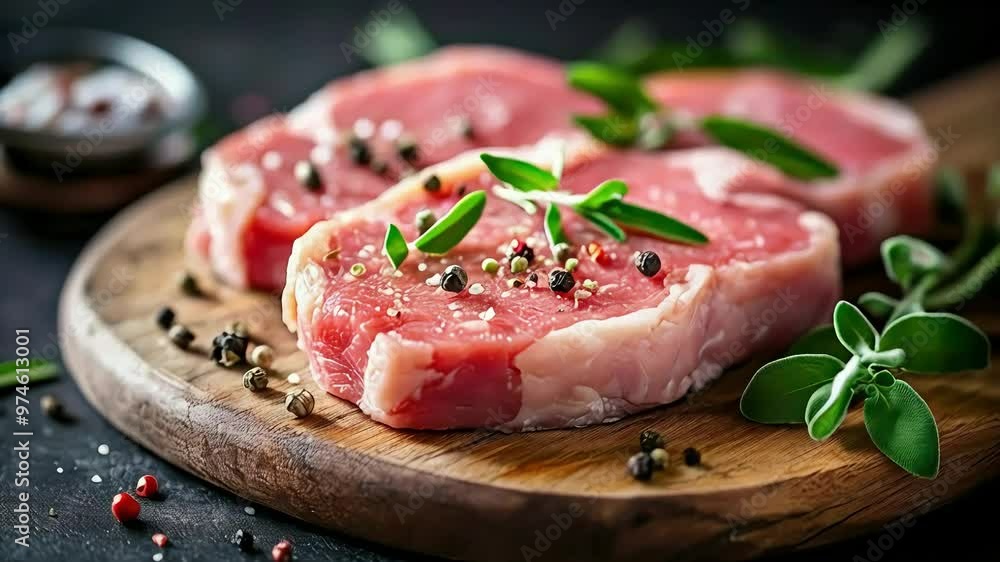 Close up of raw beef steaks with peppercorns and herbs on a wooden cutting board. Close up of raw beef steaks with peppercorns and herbs on a wooden cutting board.