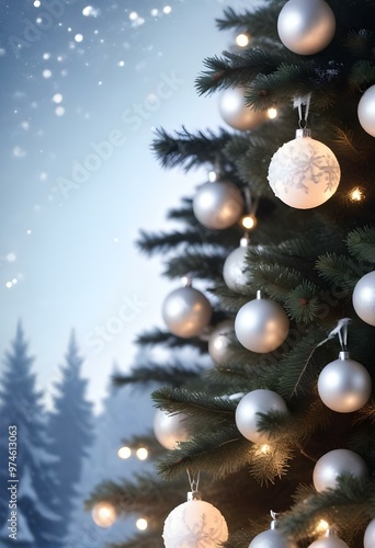 sketch lines, A snowy Christmas tree with shimmering white ornaments and colorful twinkling lights, set against a backdrop of snow-covered mountains during twilight., studio lighting, copy background,