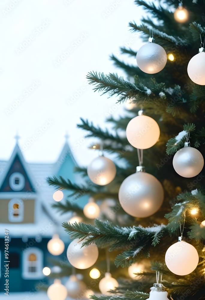 sketch lines, A snowy Christmas tree with shimmering white ornaments and colorful twinkling lights, set against a backdrop of snow-covered mountains during twilight., studio lighting, copy background, sketch lines, A snowy Christmas tree with shimmering white ornaments and colorful twinkling lights, set against a backdrop of snow-covered mountains during twilight., studio lighting, copy background,