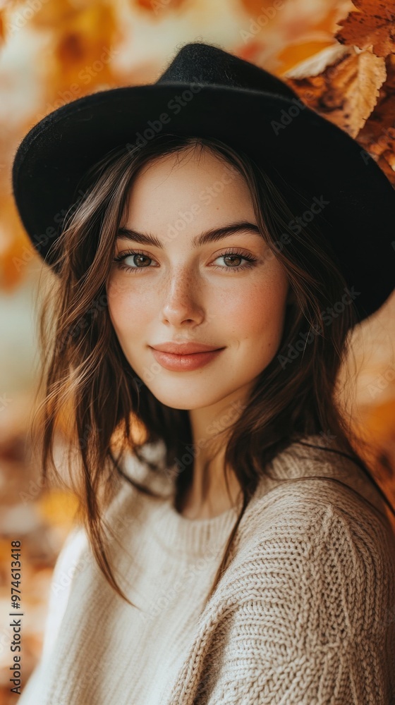 Young woman in a cozy sweater and hat poses in an autumn park surrounded by colorful leaves Young woman in a cozy sweater and hat poses in an autumn park surrounded by colorful leaves
