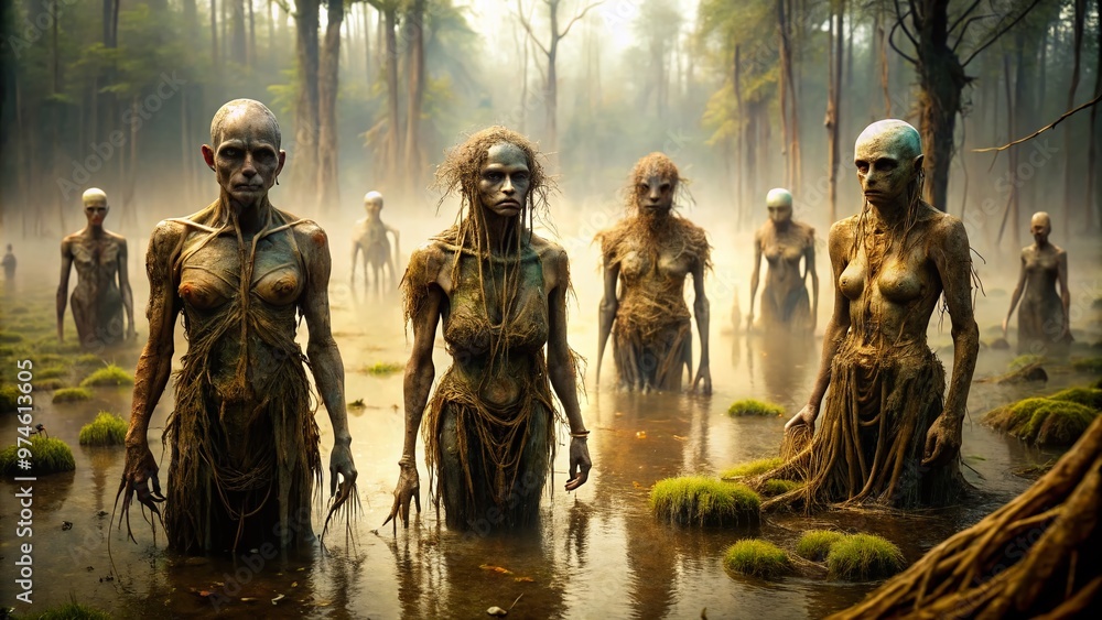 Mysterious figures emerge from a swampy terrain, their bodies covered in earthy tones, blending seamlessly with the natural environment in a surreal, primal scene. Mysterious figures emerge from a swampy terrain, their bodies covered in earthy tones, blending seamlessly with the natural environment in a surreal, primal scene.