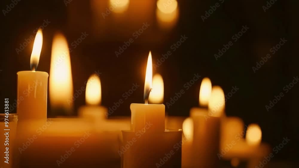 Close up of several lit candles with soft glowing light in a dark room. Close up of several lit candles with soft glowing light in a dark room.