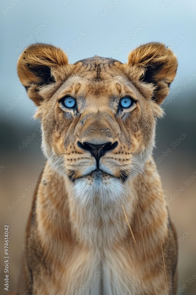 Fototapeta premium Close-up photo of a blue eyed lioness. A blue-eyed lioness stands poised in her habitat, her gaze a reflection of both beauty and the wild's untamed spirit.