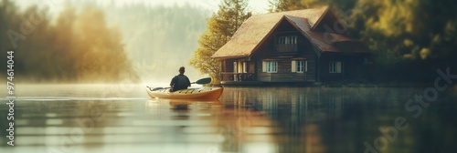 A man kayaking in still lake water with forest and lake house photo