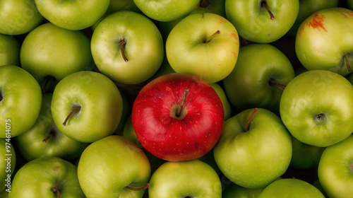 Red Apple Embraced by Green Apples, an inviting display of a single vibrant red apple surrounded by a lush green apple backdrop, symbolizing freshness and healthy choices.