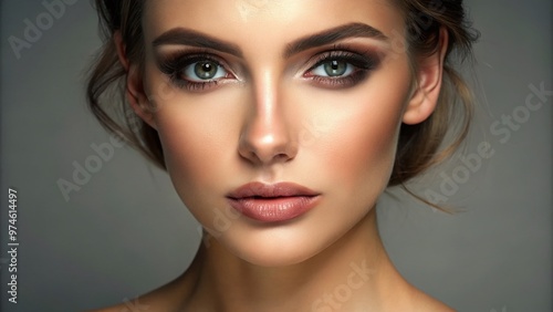 Natural beauty shines through in this close-up of a woman's face with subtle, effortless everyday makeup look, sans eyelashes, exuding confidence and understated elegance.