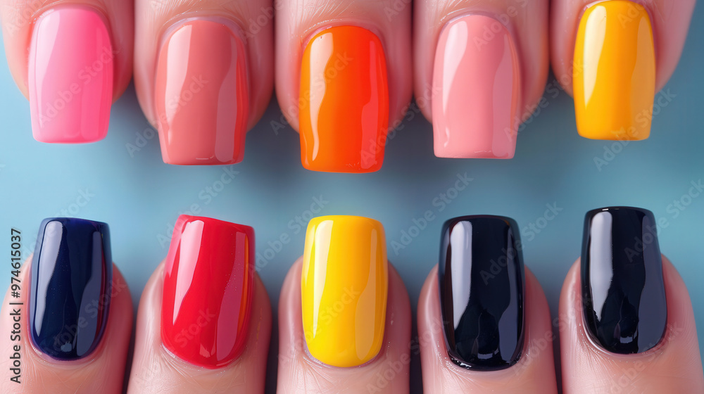Obraz premium Vibrant Nail Polish Collection, a lively array of nail polishes showcasing an extensive range of shades, perfect for trendy beauty enthusiasts seeking colorful nail expressions.
