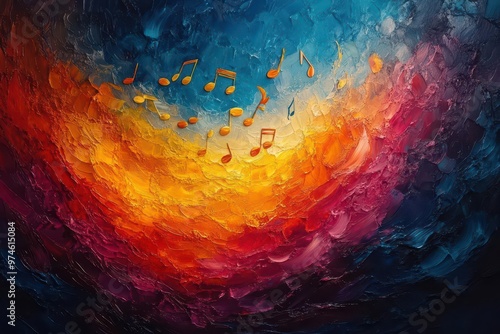 explosion of colorful musical notes swirling in dynamic composition vibrant hues blend and overlap abstract representation of melody and harmony in motion photo