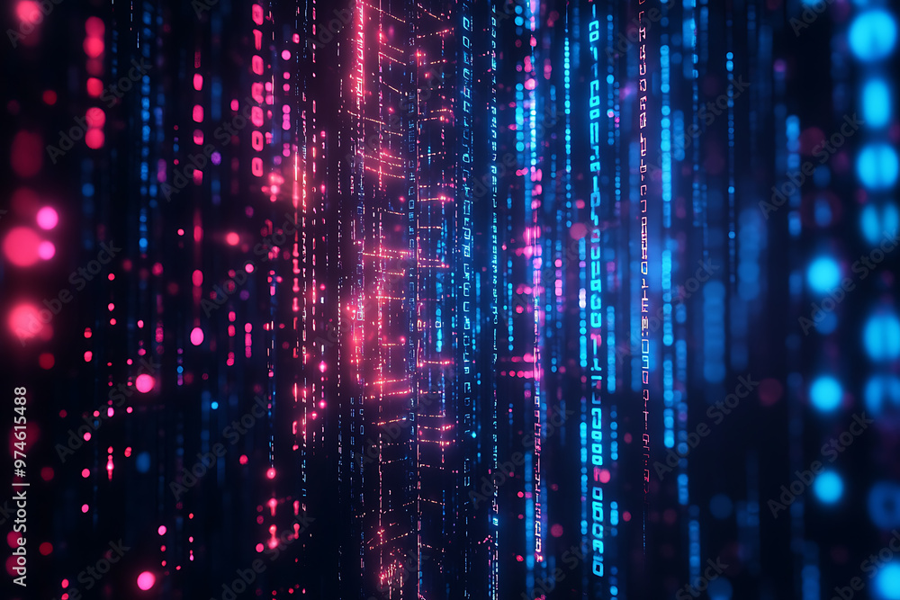 Abstract tech dark background featuring flowing binary code and neon elements, creating a futuristic digital atmosphere. Abstract tech dark background featuring flowing binary code and neon elements, creating a futuristic digital atmosphere.
