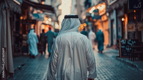 A man wearing a white shirt and a turban walks down a street with other people