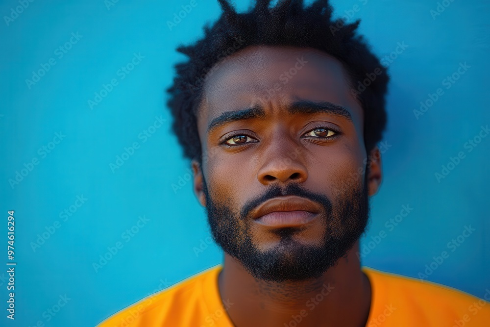 Obraz premium expressive portrait of a perplexed african american man in a vivid orange top set against a bold blue background with ample negative space