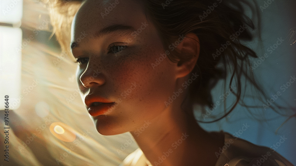 Cinematic image of model girls indoor with cinematic light leaks Cinematic image of model girls indoor with cinematic light leaks